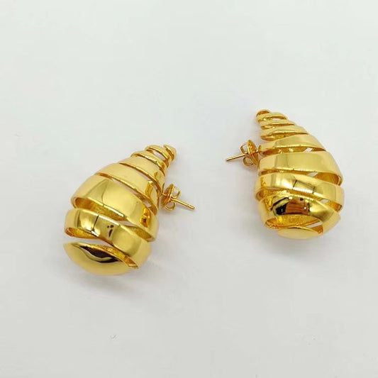 18K Real Gold Metal Water Drop Ball Stud Earrings